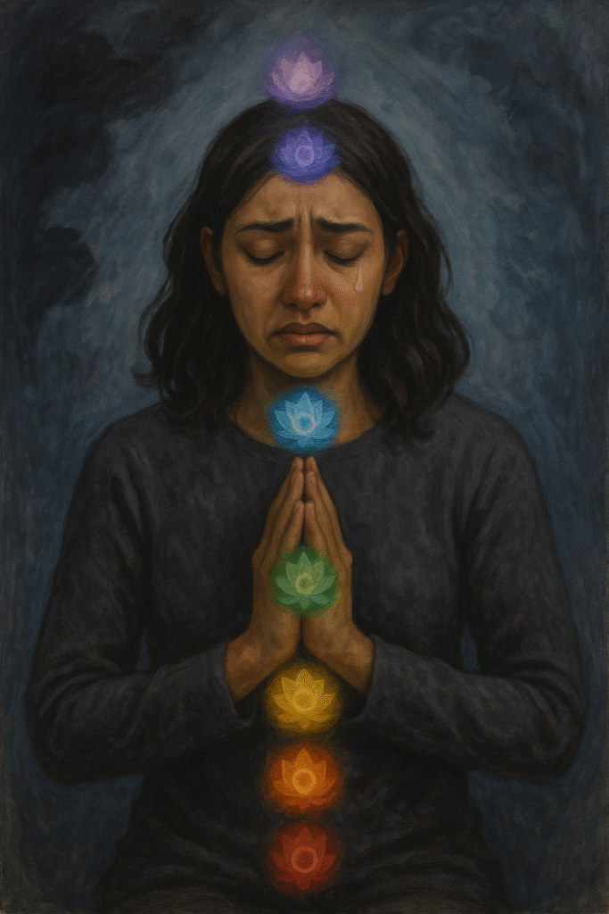 painting of a young woman praying in grief with the chakra symbols in front of her form