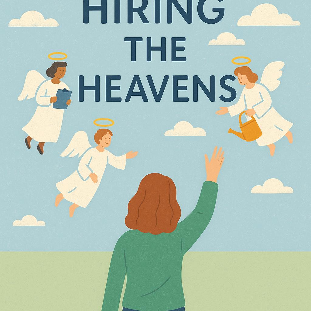 "Hiring the Heavens' text in the sky with angels doing things, and a person waving at them from the ground.