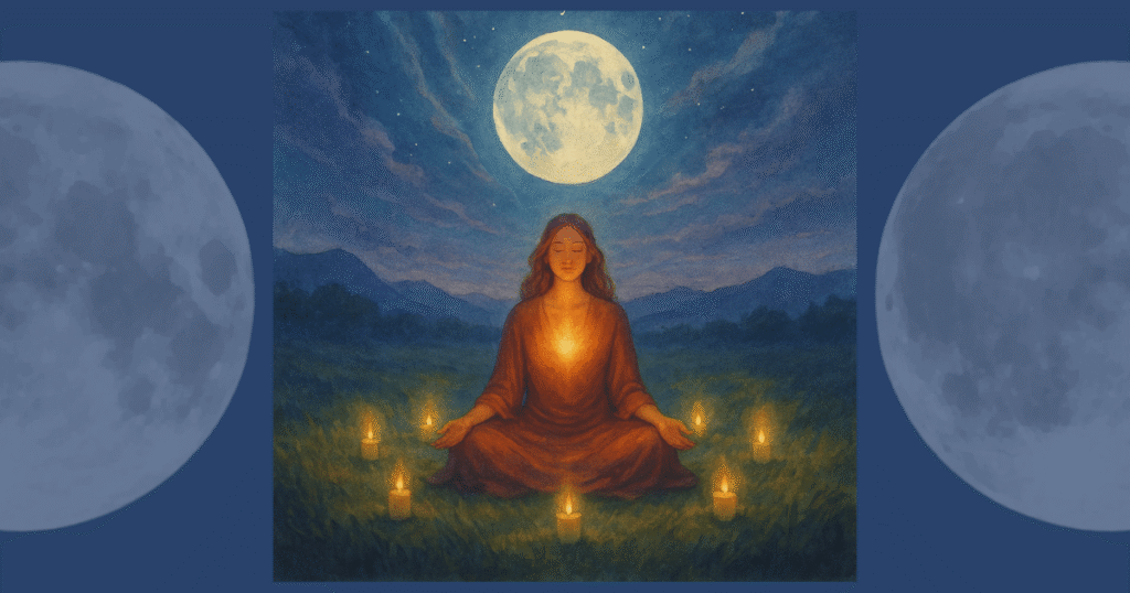 illustration of a woman sitting in the grass with a full moon above her head. she is meditating
