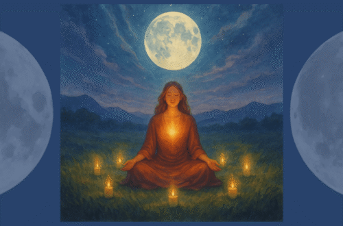 illustration of a woman sitting in the grass with a full moon above her head. she is meditating
