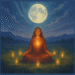 illustration of a woman sitting in the grass with a full moon above her head. she is meditating