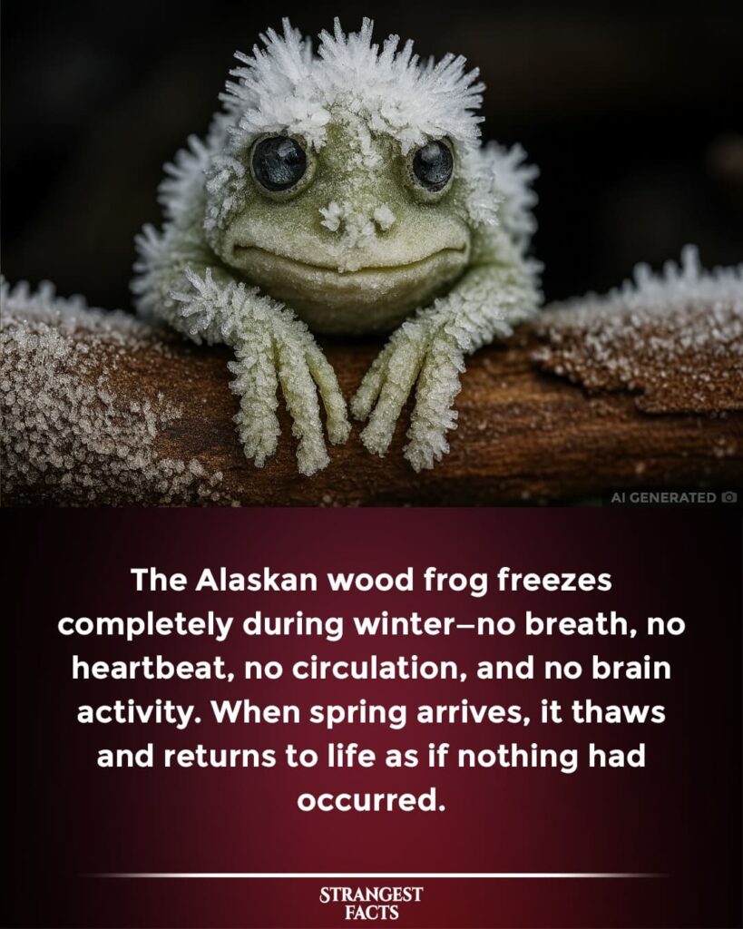 image of a frog looking at you, and has frost on it's head.