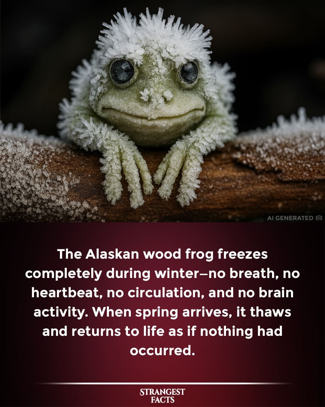 image of a frog looking at you, and has frost on it's head.