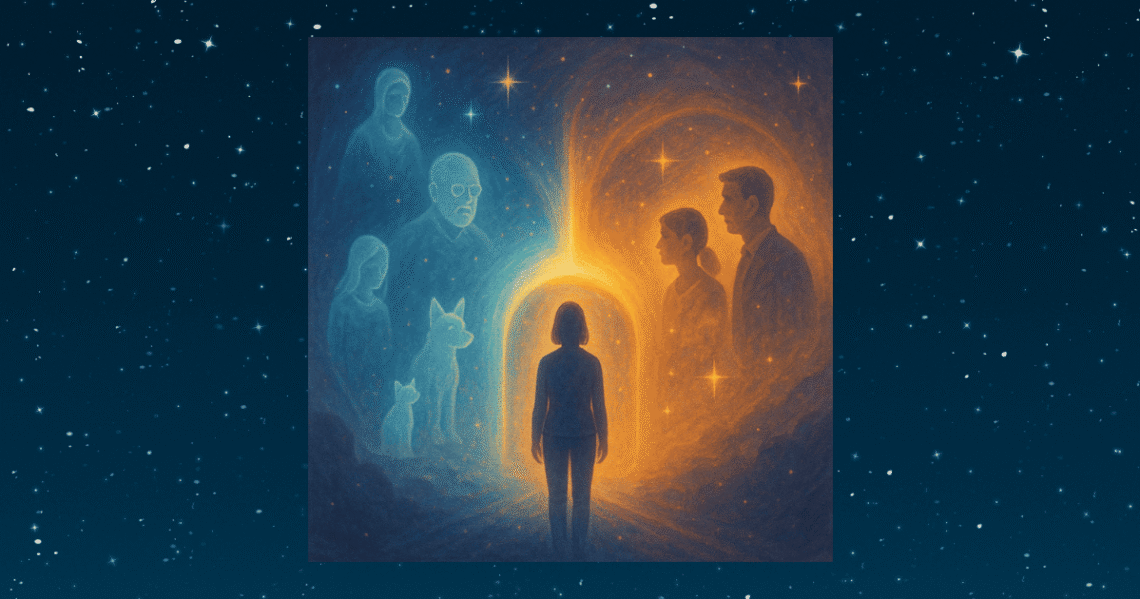 illustration of a person seeing spirits on the left and people on the right
