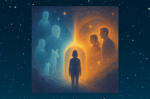 illustration of a person seeing spirits on the left and people on the right