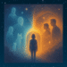 illustration of a person seeing spirits on the left and people on the right