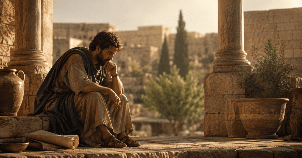 a man in biblical times in a robe and sandals sitting looking at the ground pensively