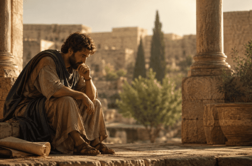 a man in biblical times in a robe and sandals sitting looking at the ground pensively