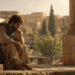 a man in biblical times in a robe and sandals sitting looking at the ground pensively