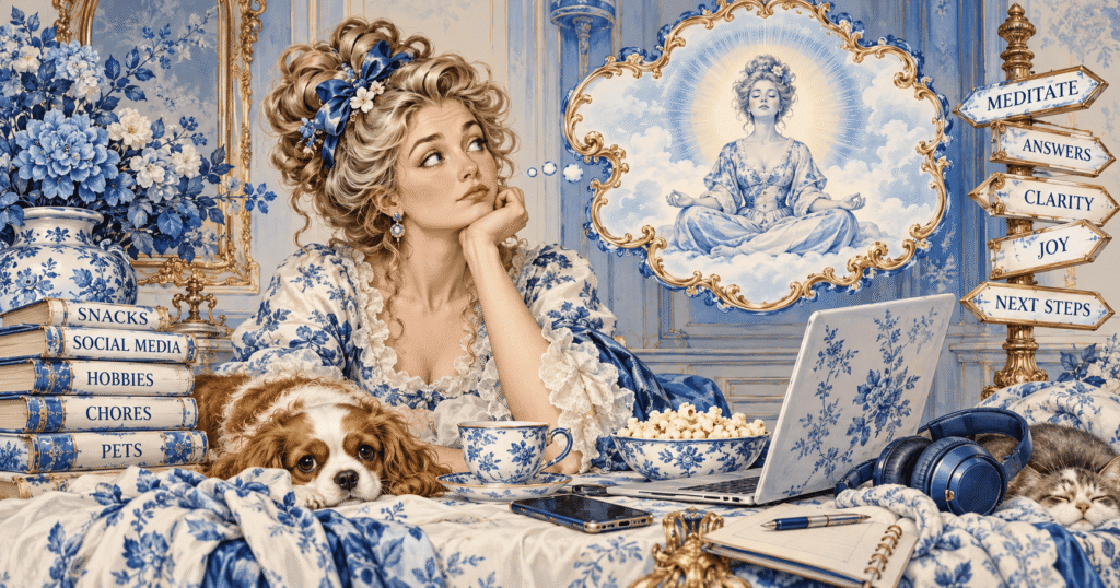a young lady surrounded by books, pets, food and thinking about meditating.