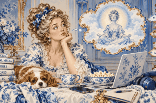 a young lady surrounded by books, pets, food and thinking about meditating.