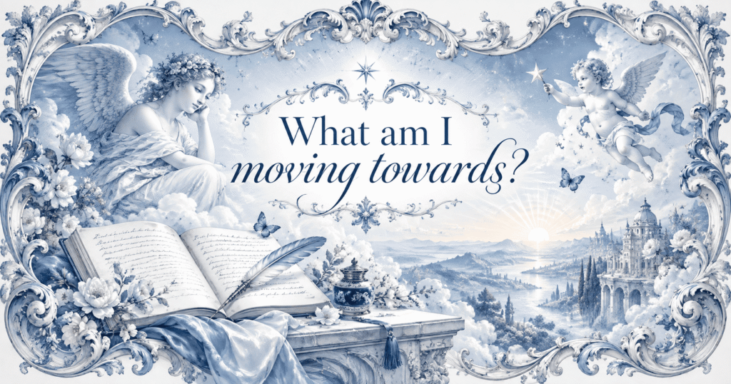 words on a blue and white floral background 'what am i moving towards?'