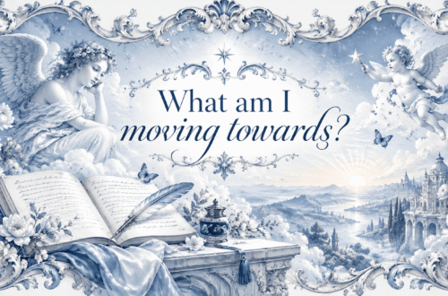 words on a blue and white floral background 'what am i moving towards?'